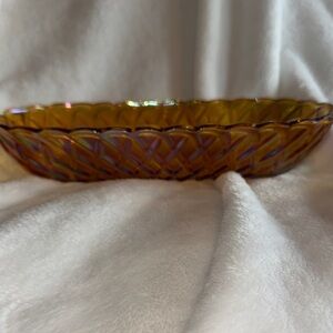Vintage Iridescent Amber Carnival Glass Celery DishIndiana Glass Pretzel Pattern